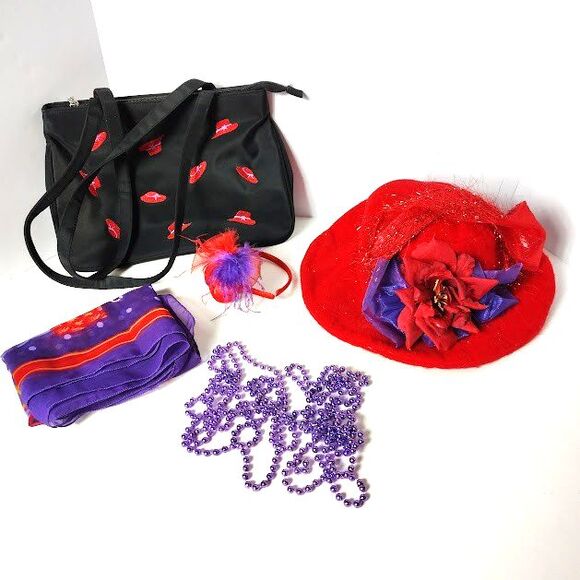 Does Not Apply Accessories - Red Hat Society Accessory Lot Purse Hat Scarf Beads Headband Red Black Purple